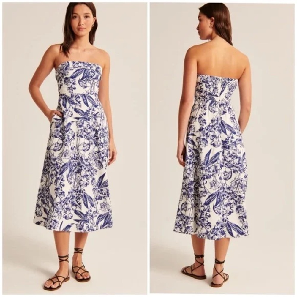 Abercrombie & Fitch White Strapless Midi Dress with Blue Floral Print - Picture 2 of 10